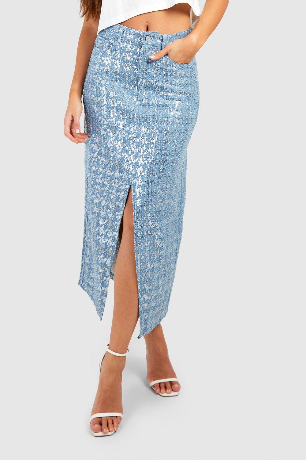 boohoo Tall Sequin Denim Midi Skirt Blue Size 4